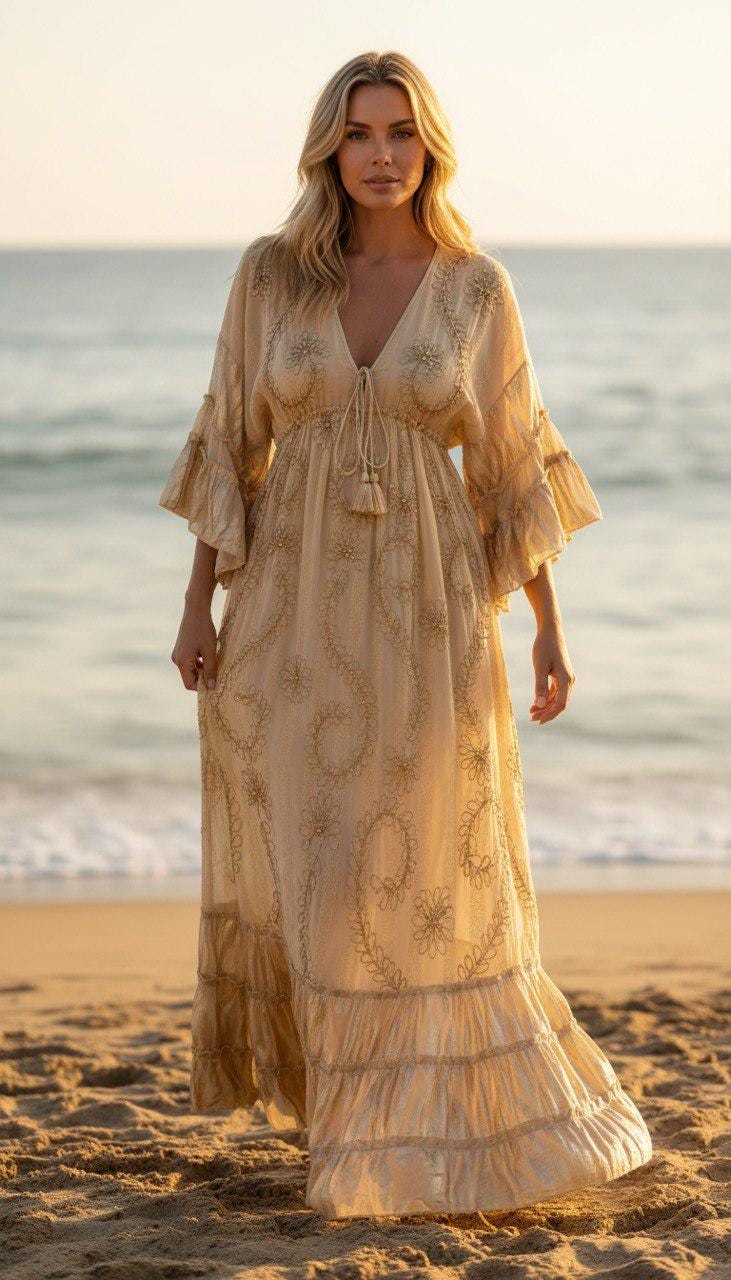 Boho Beige Maxi Dress for Women, Embroidered Beach Dress, Resort Vacation Dress, Flowy Bohemian Maxi Dress, Beach Wedding Guest.
