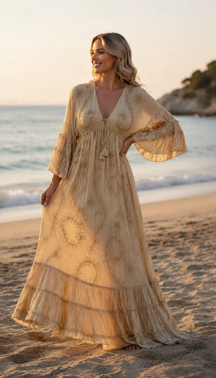 Boho Beige Maxi Dress for Women, Embroidered Beach Dress, Resort Vacation Dress, Flowy Bohemian Maxi Dress, Beach Wedding Guest.