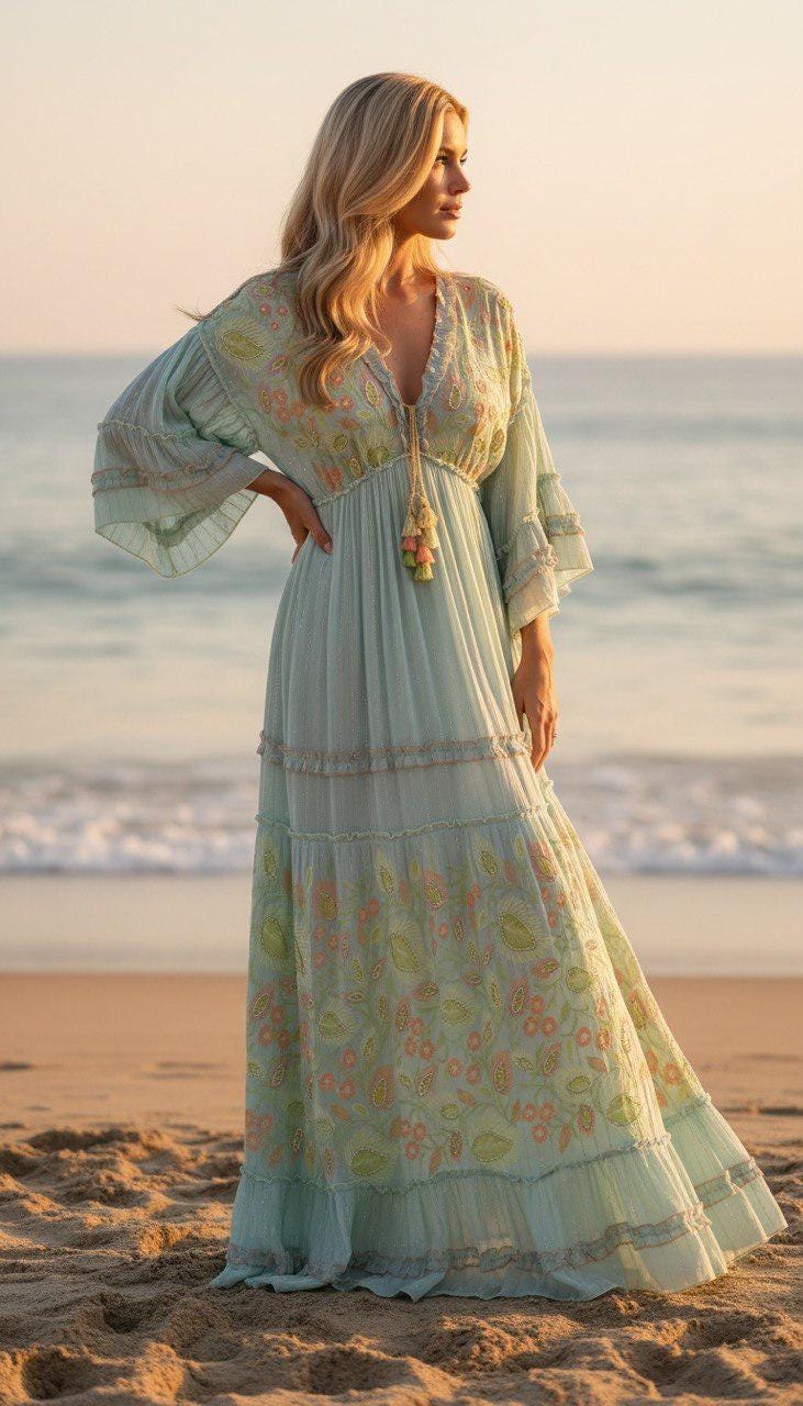 Boho Maxi Dress, Floral Embroidered Beach Dress, Cream Flowy Long Dress, V Neck Summer Dress, Romantic Bohemian Dress, Boho Dress Maxi.