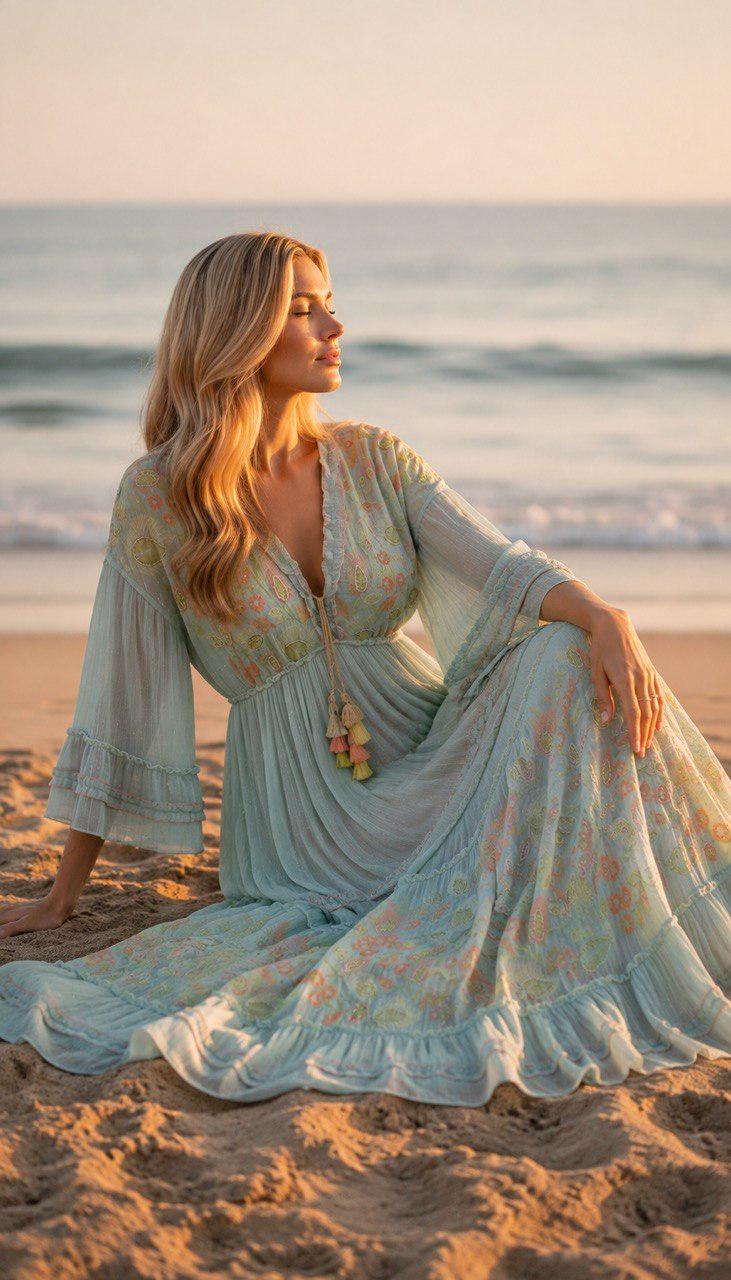 Sky Blue Boho Maxi Dress, Embroidered Long Dress, Resort Wear for Women, Beach Vacation Outfit, Flowy Bohemian Dress.