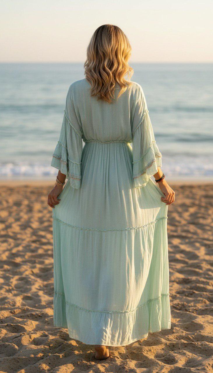 Sky Blue Boho Maxi Dress, Embroidered Long Dress, Resort Wear for Women, Beach Vacation Outfit, Flowy Bohemian Dress.