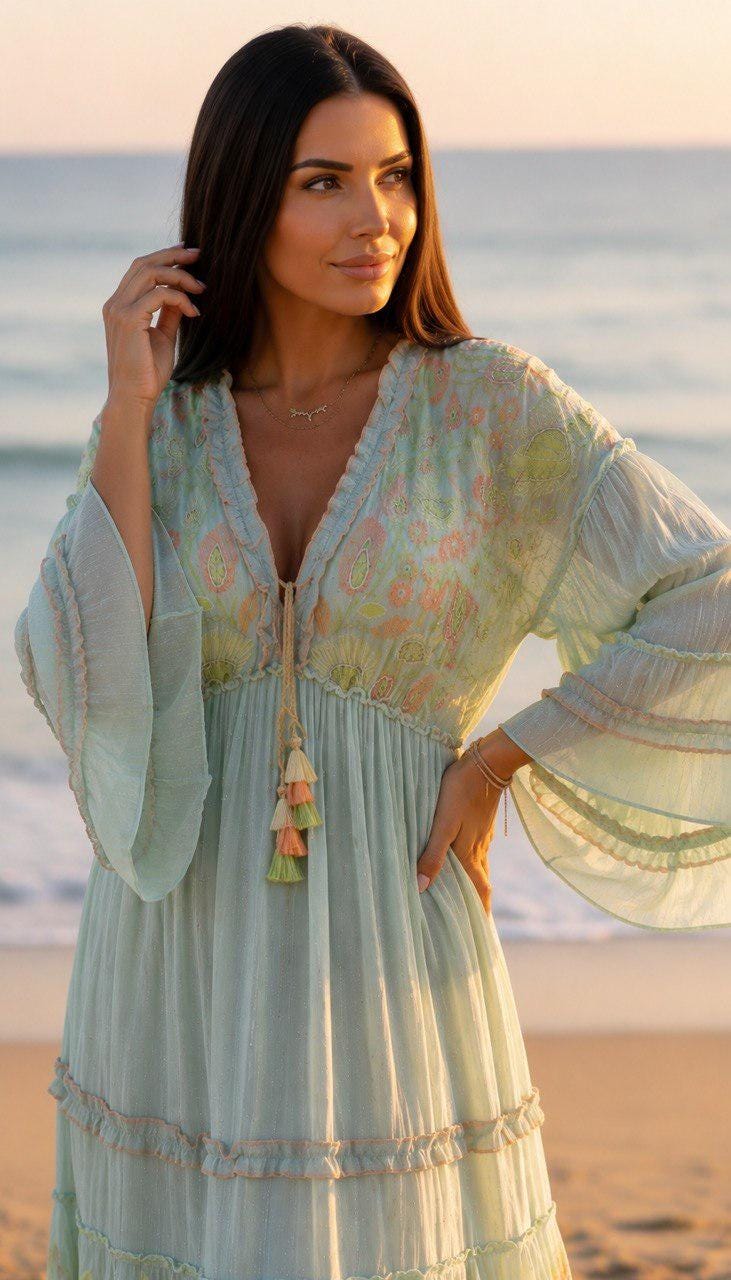 Sky Blue Boho Maxi Dress, Embroidered Long Dress, Resort Wear for Women, Beach Vacation Outfit, Flowy Bohemian Dress.
