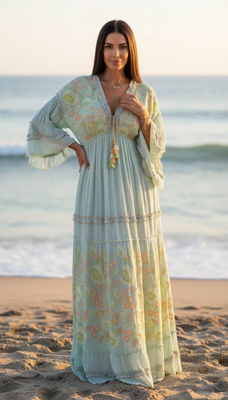 Sky Blue Boho Maxi Dress, Embroidered Long Dress, Resort Wear for Women, Beach Vacation Outfit, Flowy Bohemian Dress.