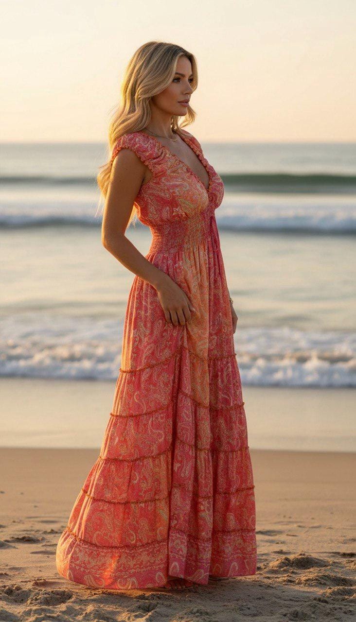 Coral Boho Maxi Dress for Women, Paisley Summer Dress, Flowy Beach Dress, Resort Vacation Dress, Bohemian Long Dress, Hippie Boho Dress.