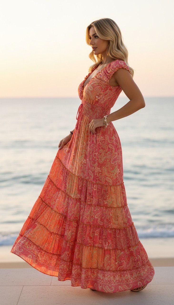 Coral Boho Maxi Dress for Women, Paisley Summer Dress, Flowy Beach Dress, Resort Vacation Dress, Bohemian Long Dress, Hippie Boho Dress.
