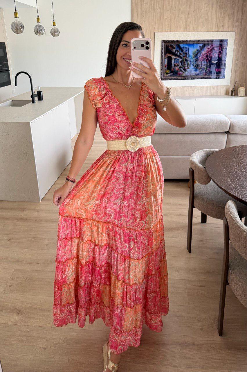 Coral Boho Maxi Dress for Women, Paisley Summer Dress, Flowy Beach Dress, Resort Vacation Dress, Bohemian Long Dress, Hippie Boho Dress.