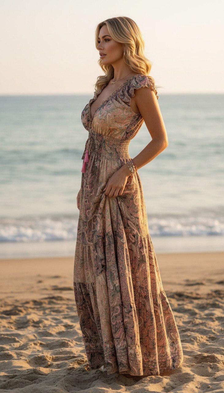 Boho Paisley Maxi Dress for Women, Blush Pink Summer Dress, Flowy Beach Dress, Resort Vacation Dress, Bohemian Long Dress, Beach Boho Dress.