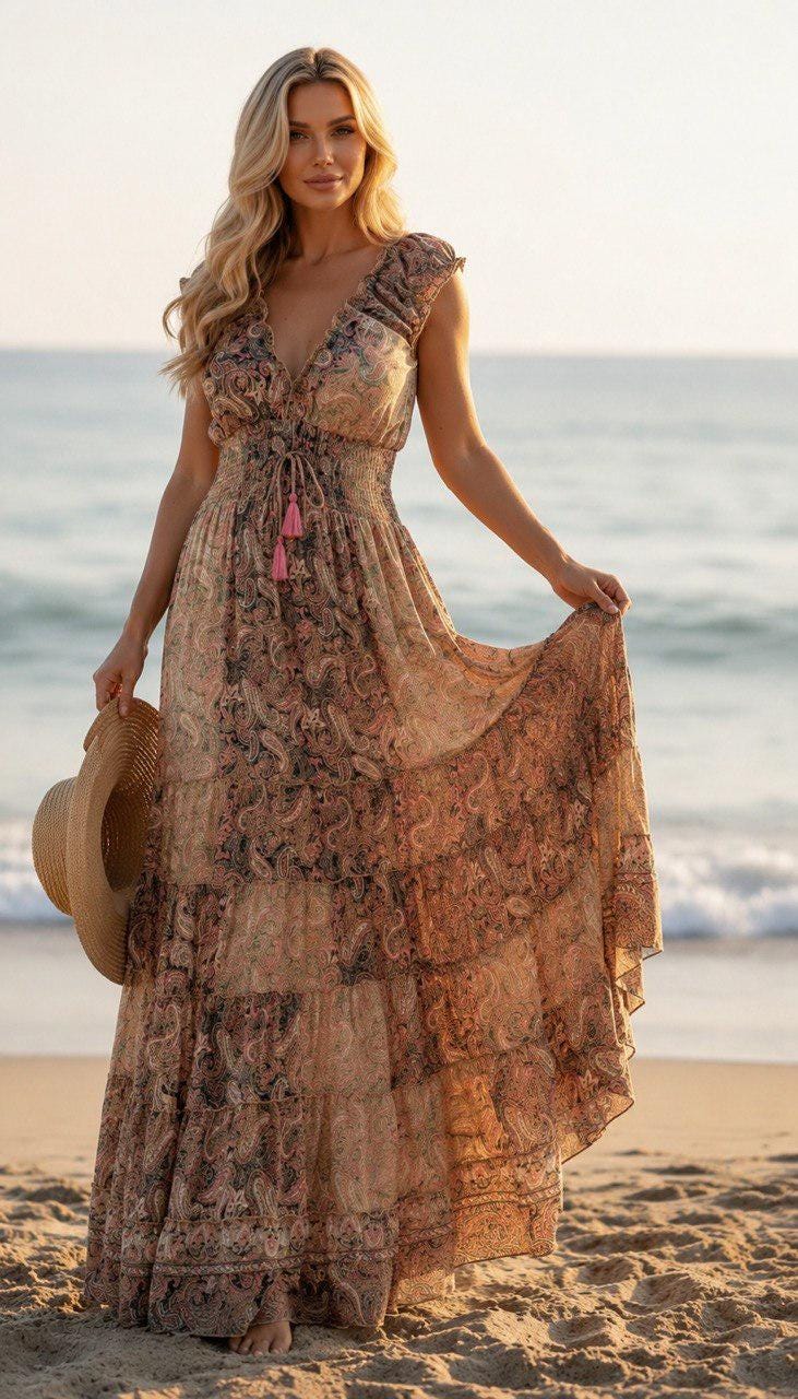Boho Paisley Maxi Dress for Women, Blush Pink Summer Dress, Flowy Beach Dress, Resort Vacation Dress, Bohemian Long Dress, Beach Boho Dress.