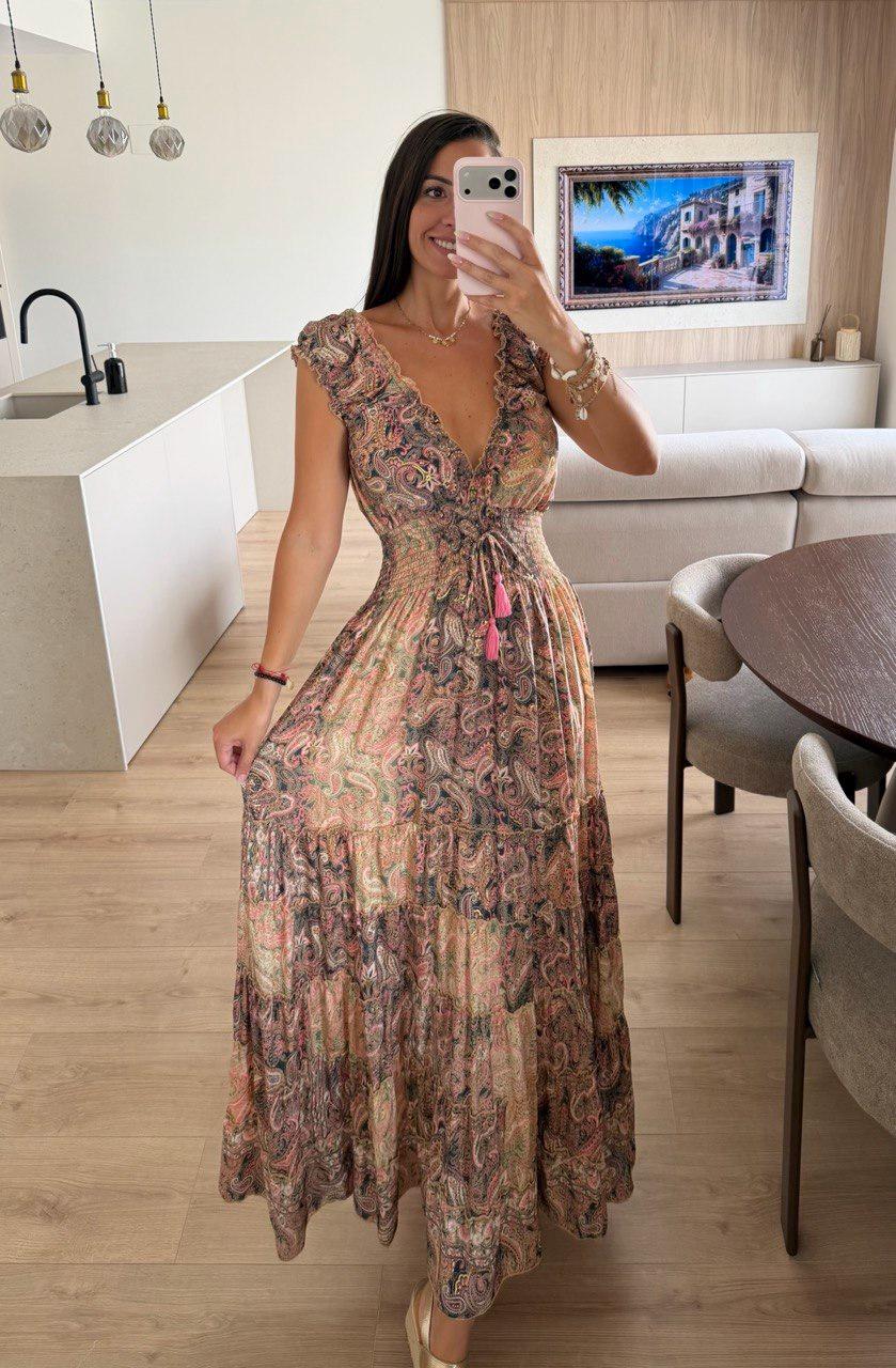 Boho Paisley Maxi Dress for Women, Blush Pink Summer Dress, Flowy Beach Dress, Resort Vacation Dress, Bohemian Long Dress, Beach Boho Dress.