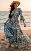 Silk Two Piece Skirt Set for Women – Long Sleeve Crop Top and Matching Maxi Skirt – Elegant Satin Co Ord Outfit for Party and Vacation.