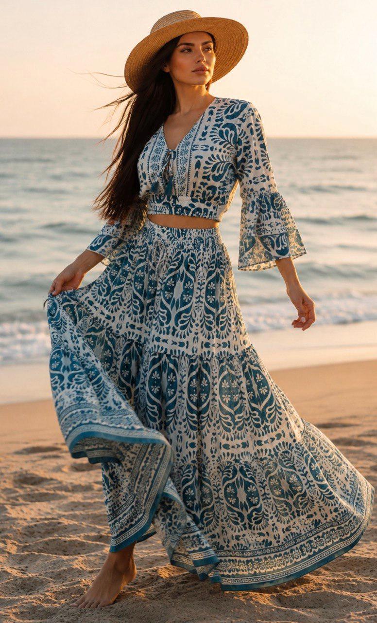 Black & Beige Boho Two Piece Set, Bohemian Maxi Skirt Set, Crop Top and Long Skirt, Resort Wear, Vacation Outfit, Festival Set.