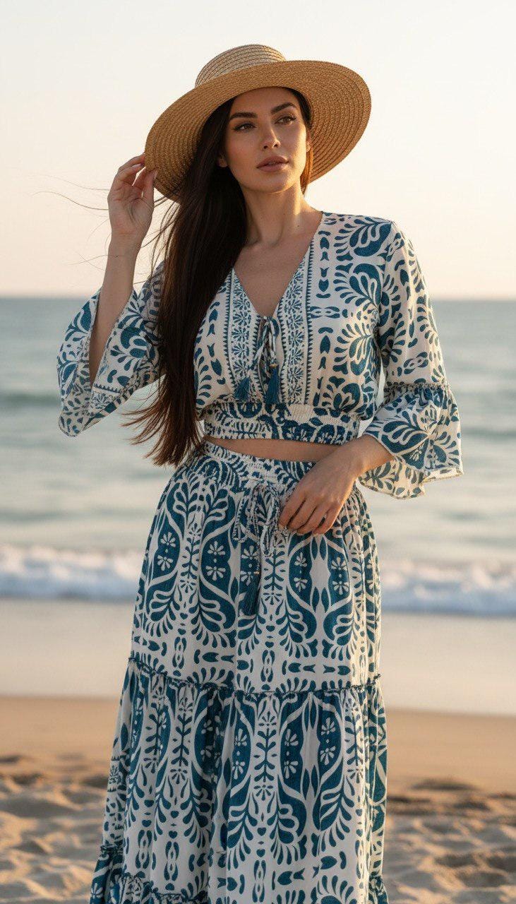 Silk Two Piece Skirt Set for Women – Long Sleeve Crop Top and Matching Maxi Skirt – Elegant Satin Co Ord Outfit for Party and Vacation.
