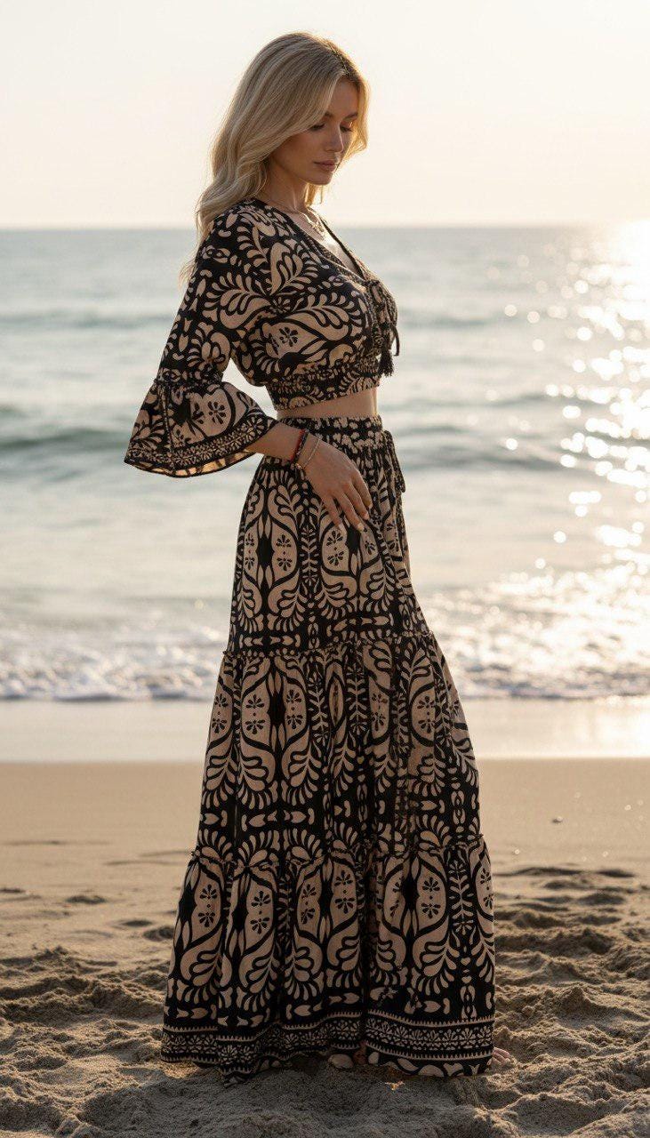Silk Two Piece Skirt Set for Women – Long Sleeve Crop Top and Matching Maxi Skirt – Elegant Satin Co Ord Outfit for Party and Vacation.