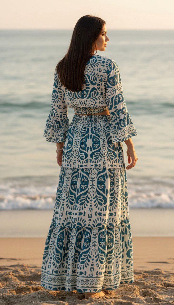 Black & Beige Boho Two Piece Set, Bohemian Maxi Skirt Set, Crop Top and Long Skirt, Resort Wear, Vacation Outfit, Festival Set.