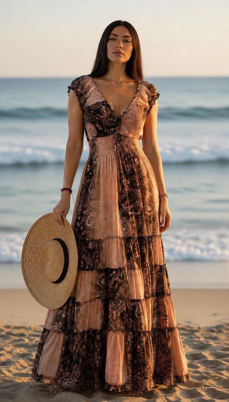 Boho Maxi Dress for Women, Patchwork Floral Long Dress, Smocked Waist Summer Dress, Romantic Beach Vacation Dress, Bohemian Festival Gown.