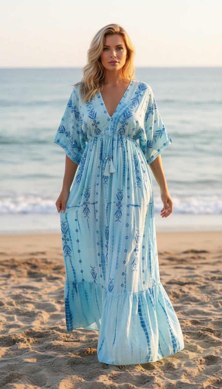Blue Boho Maxi Dress for Women, Flowy Beach Dress, V Neck Kaftan Maxi Dress, Resort Wear, Summer Vacation Dress, Loose Bohemian Dress.