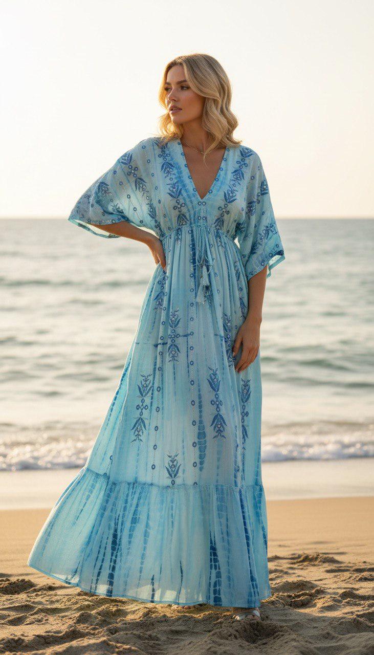 Blue Boho Maxi Dress for Women, Flowy Beach Dress, V Neck Kaftan Maxi Dress, Resort Wear, Summer Vacation Dress, Loose Bohemian Dress.