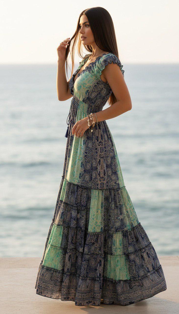 Silk Turquoise Boho Maxi Dress for Women, Patchwork Beach Dress, Flowy Summer Dress, V Neck Bohemian Dress, Resort Vacation Maxi Dress.