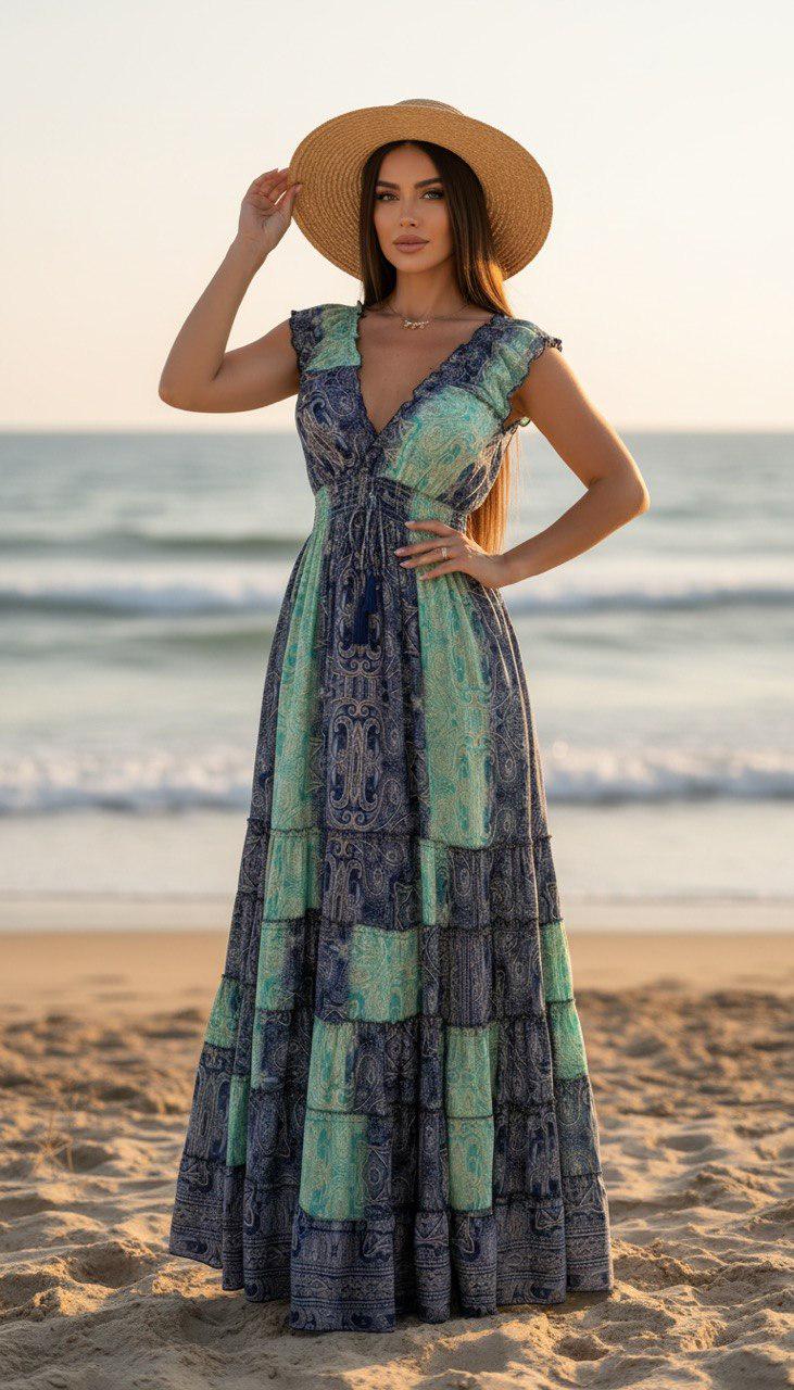 Silk Turquoise Boho Maxi Dress for Women, Patchwork Beach Dress, Flowy Summer Dress, V Neck Bohemian Dress, Resort Vacation Maxi Dress.