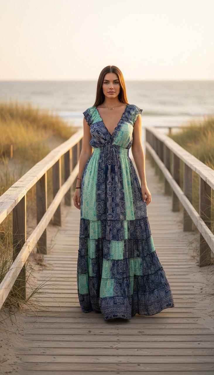 Silk Turquoise Boho Maxi Dress for Women, Patchwork Beach Dress, Flowy Summer Dress, V Neck Bohemian Dress, Resort Vacation Maxi Dress.