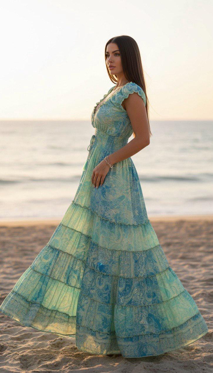 Silk Boho Maxi Dress for Women, Blue Paisley Beach Dress, Flowy Summer Dress, Smocked Waist Bohemian Dress, Resort Vacation Dress.