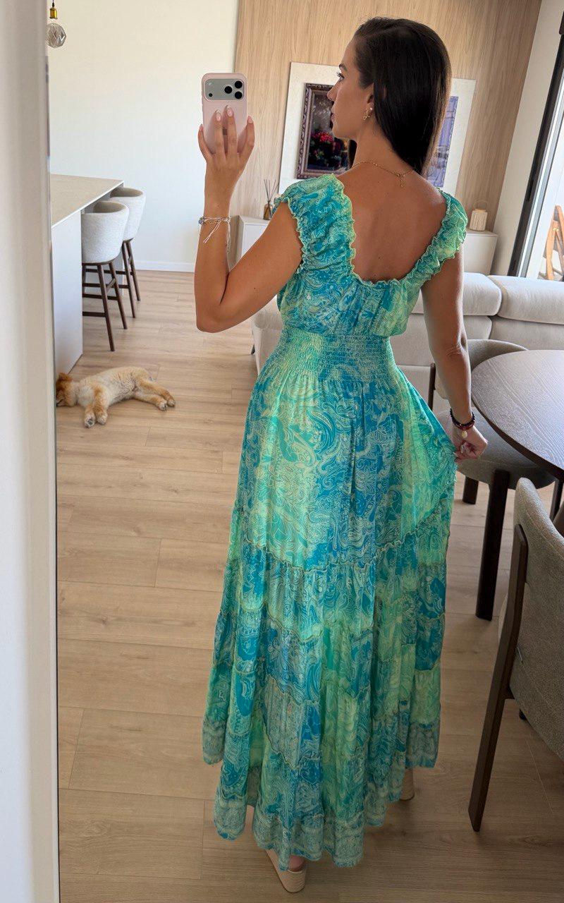 Silk Boho Maxi Dress for Women, Blue Paisley Beach Dress, Flowy Summer Dress, Smocked Waist Bohemian Dress, Resort Vacation Dress.