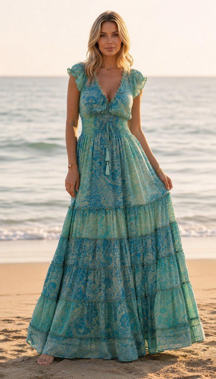 Silk Boho Maxi Dress for Women, Blue Paisley Beach Dress, Flowy Summer Dress, Smocked Waist Bohemian Dress, Resort Vacation Dress.