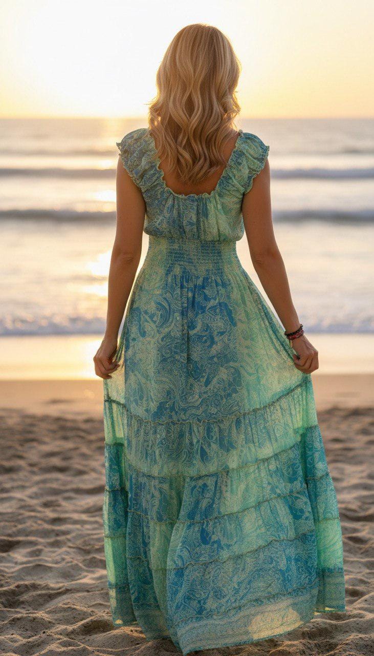 Silk Boho Maxi Dress for Women, Blue Paisley Beach Dress, Flowy Summer Dress, Smocked Waist Bohemian Dress, Resort Vacation Dress.