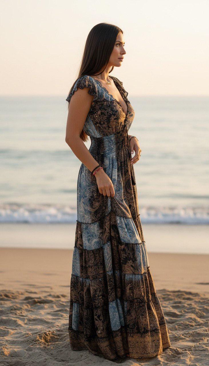 Silk Boho Maxi Dress, Paisley Silk Dress for Women, Blue Brown Summer Dress, Flowy Beach Dress, Resort Wear, Bohemian Dress, Hippie Boho.