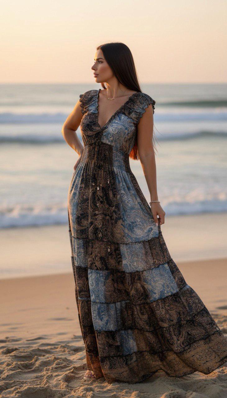 Silk Boho Maxi Dress, Paisley Silk Dress for Women, Blue Brown Summer Dress, Flowy Beach Dress, Resort Wear, Bohemian Dress, Hippie Boho.
