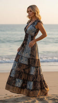 Silk Boho Maxi Dress, Paisley Silk Dress for Women, Blue Brown Summer Dress, Flowy Beach Dress, Resort Wear, Bohemian Dress, Hippie Boho.