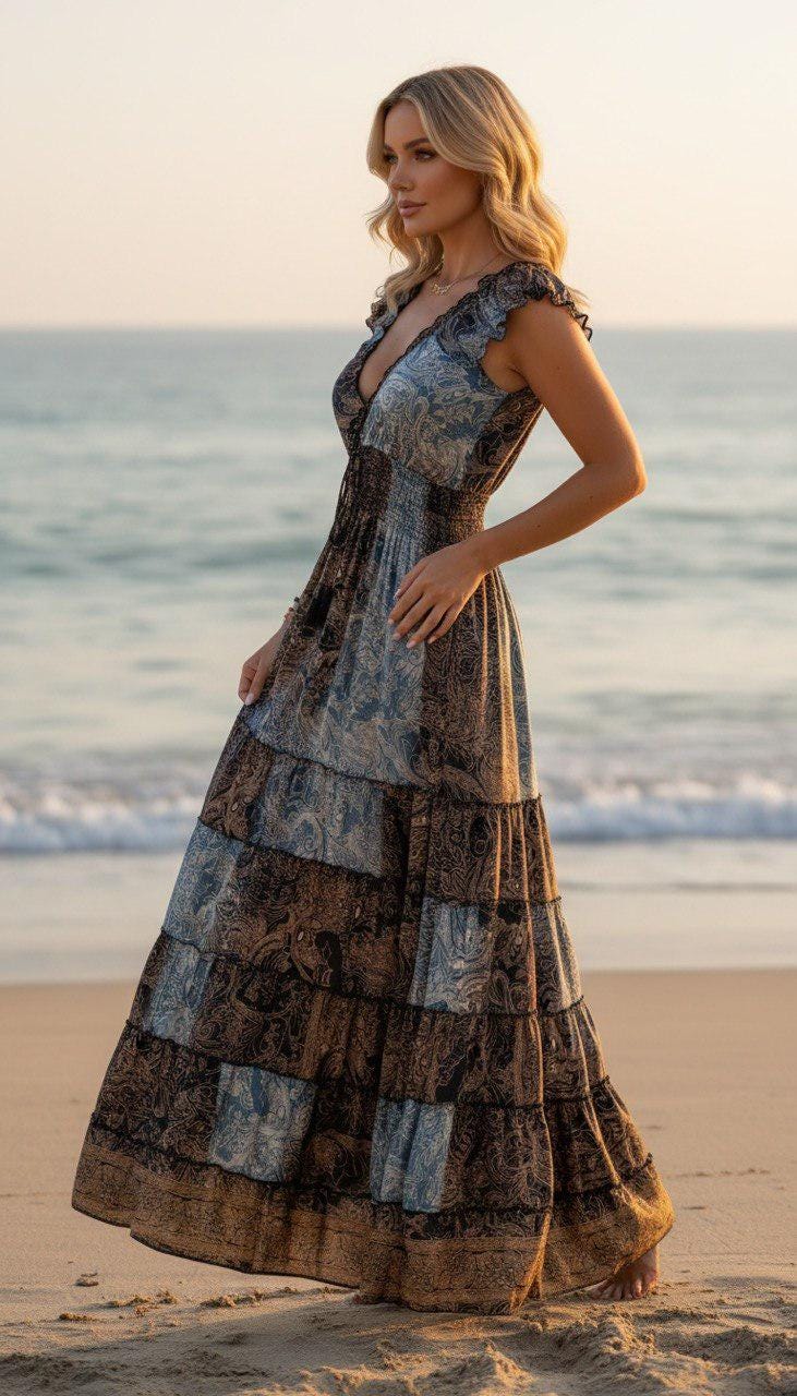 Silk Boho Maxi Dress, Paisley Silk Dress for Women, Blue Brown Summer Dress, Flowy Beach Dress, Resort Wear, Bohemian Dress, Hippie Boho.
