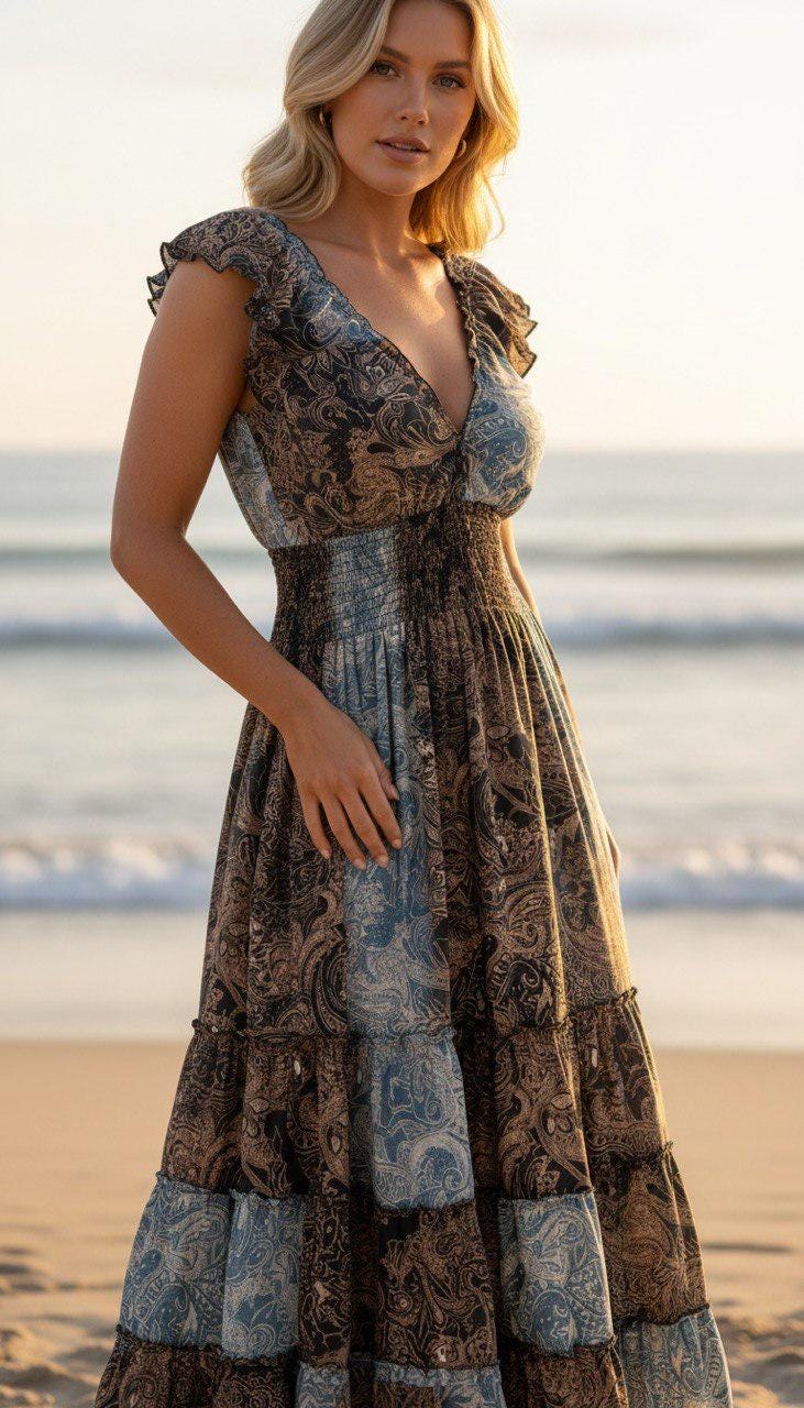 Silk Boho Maxi Dress, Paisley Silk Dress for Women, Blue Brown Summer Dress, Flowy Beach Dress, Resort Wear, Bohemian Dress, Hippie Boho.
