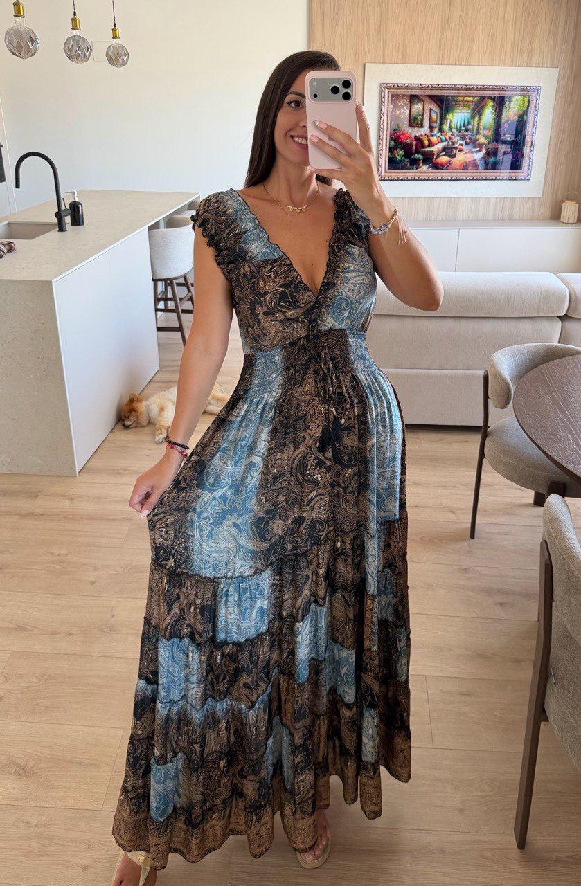 Silk Boho Maxi Dress, Paisley Silk Dress for Women, Blue Brown Summer Dress, Flowy Beach Dress, Resort Wear, Bohemian Dress, Hippie Boho.