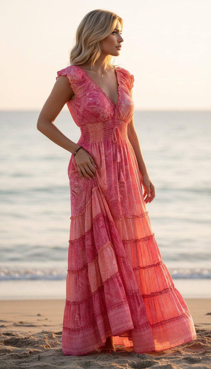 Pink Silk Maxi Dress, Boho Summer Dress, Romantic Floral Paisley Dress, V Neck Ruffle Dress, Beach Wedding Guest Dress, Feminine Long Dress.