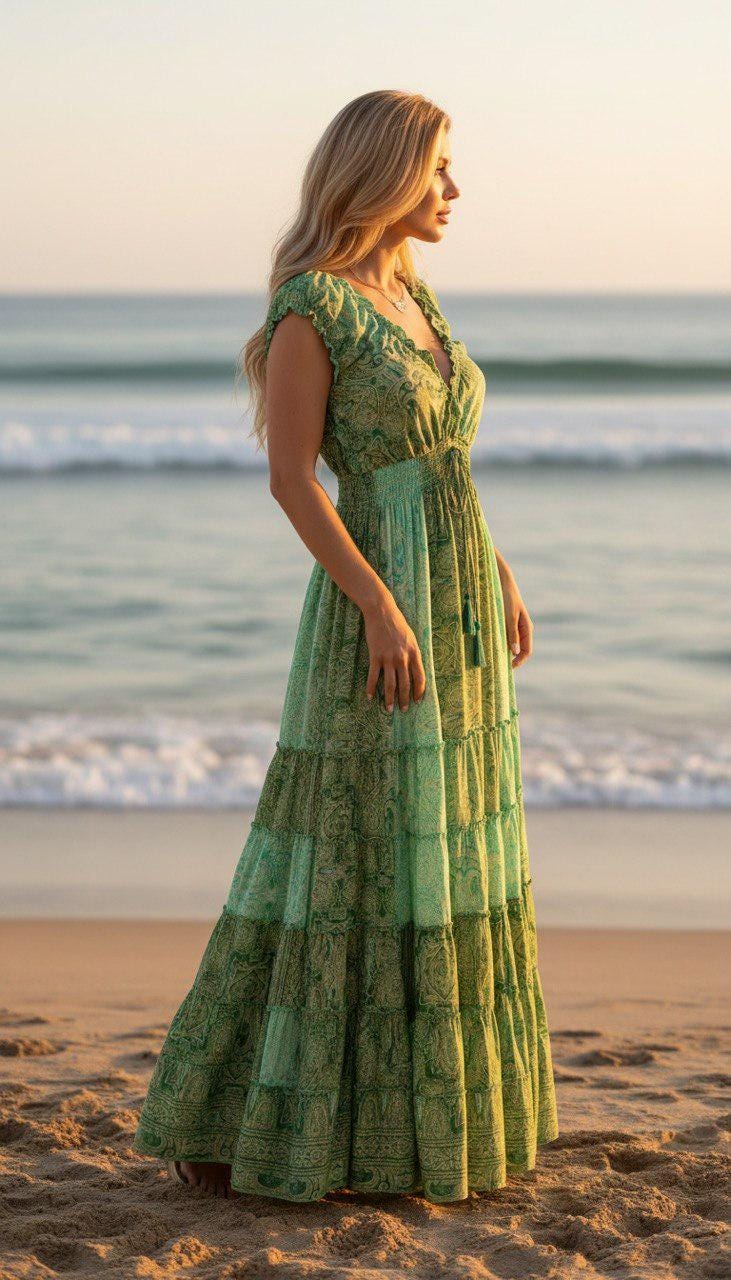 Green Silk Maxi Dress, Boho Paisley Summer Dress, V Neck Ruffle Dress, Long Flowing Beach Dress, Romantic Wedding Guest Dress, Bohemian Dres