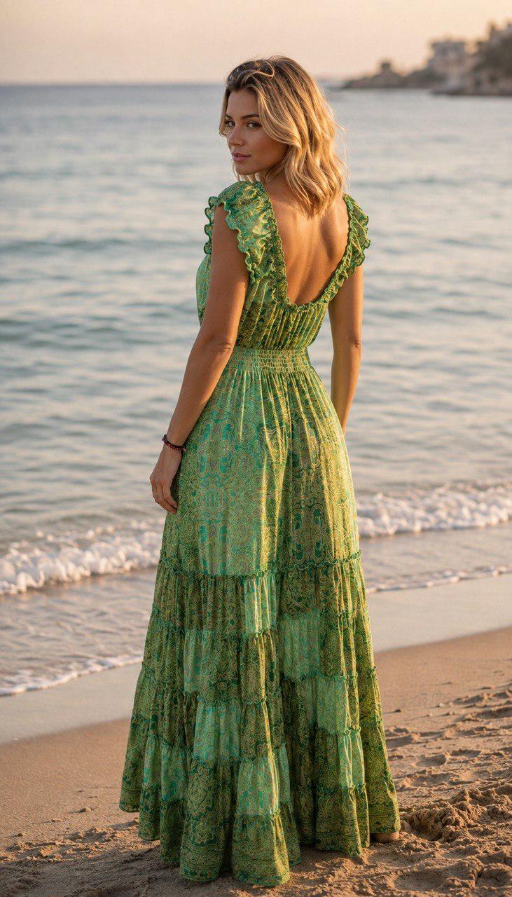 Green Silk Maxi Dress, Boho Paisley Summer Dress, V Neck Ruffle Dress, Long Flowing Beach Dress, Romantic Wedding Guest Dress, Bohemian Dres