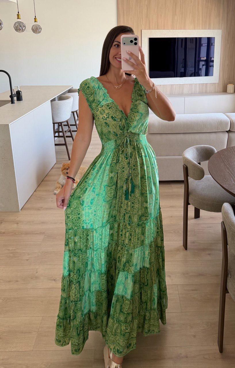 Green Silk Maxi Dress, Boho Paisley Summer Dress, V Neck Ruffle Dress, Long Flowing Beach Dress, Romantic Wedding Guest Dress, Bohemian Dres