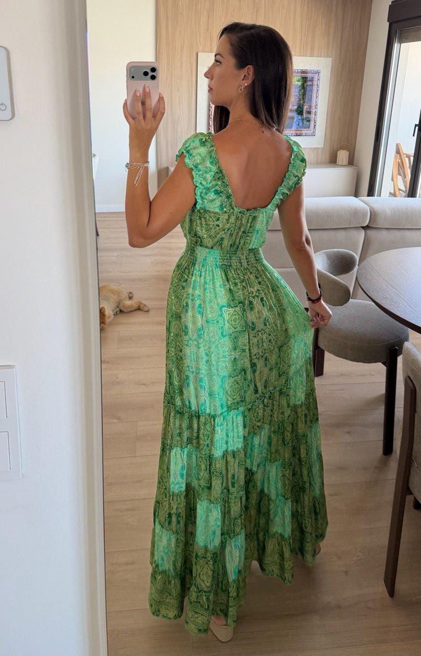 Green Silk Maxi Dress, Boho Paisley Summer Dress, V Neck Ruffle Dress, Long Flowing Beach Dress, Romantic Wedding Guest Dress, Bohemian Dres