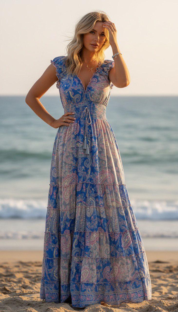 Blue Paisley Maxi Dress, Boho Summer Dress, Floral Print Dress, V Neck Long Dress, Bohemian Beach Dress, Romantic Women's Dress.