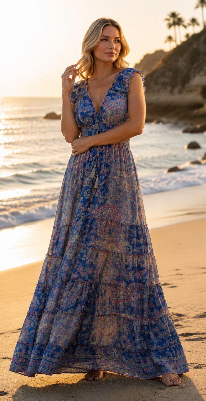 Blue Paisley Maxi Dress, Boho Summer Dress, Floral Print Dress, V Neck Long Dress, Bohemian Beach Dress, Romantic Women's Dress.