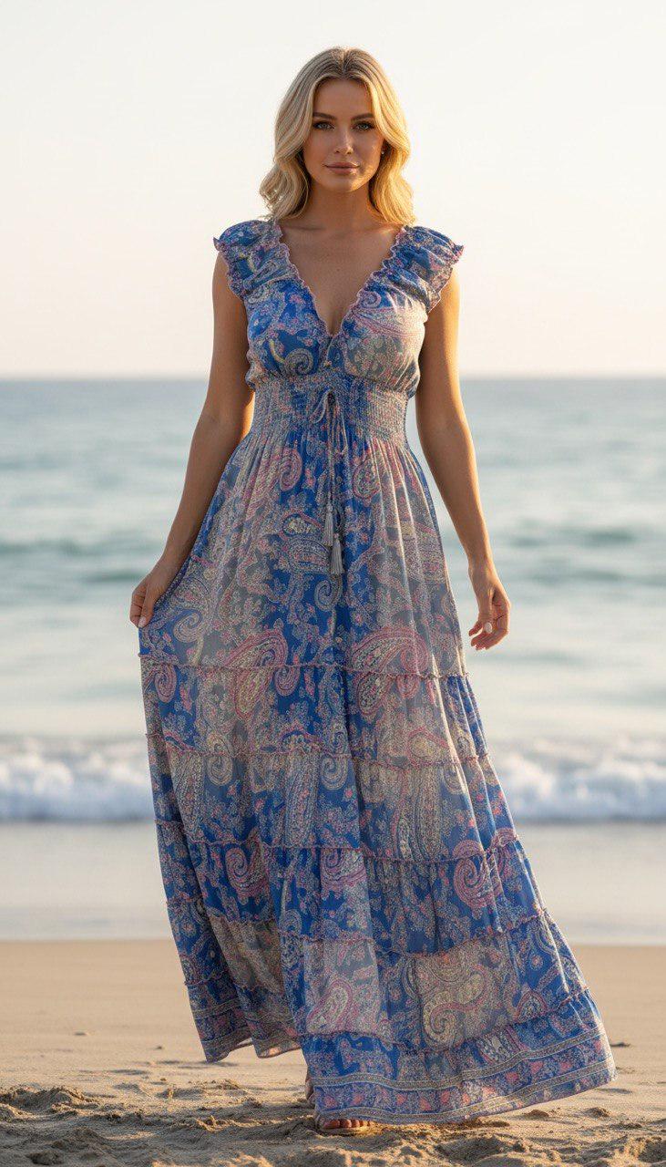Blue Paisley Maxi Dress, Boho Summer Dress, Floral Print Dress, V Neck Long Dress, Bohemian Beach Dress, Romantic Women's Dress.
