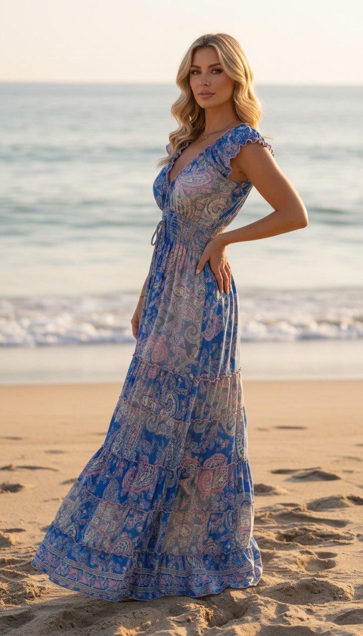 Blue Paisley Maxi Dress, Boho Summer Dress, Floral Print Dress, V Neck Long Dress, Bohemian Beach Dress, Romantic Women's Dress.