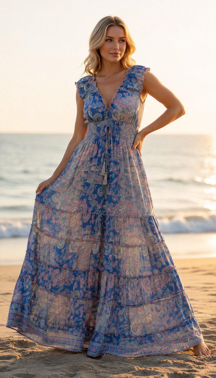 Blue Paisley Maxi Dress, Boho Summer Dress, Floral Print Dress, V Neck Long Dress, Bohemian Beach Dress, Romantic Women's Dress.