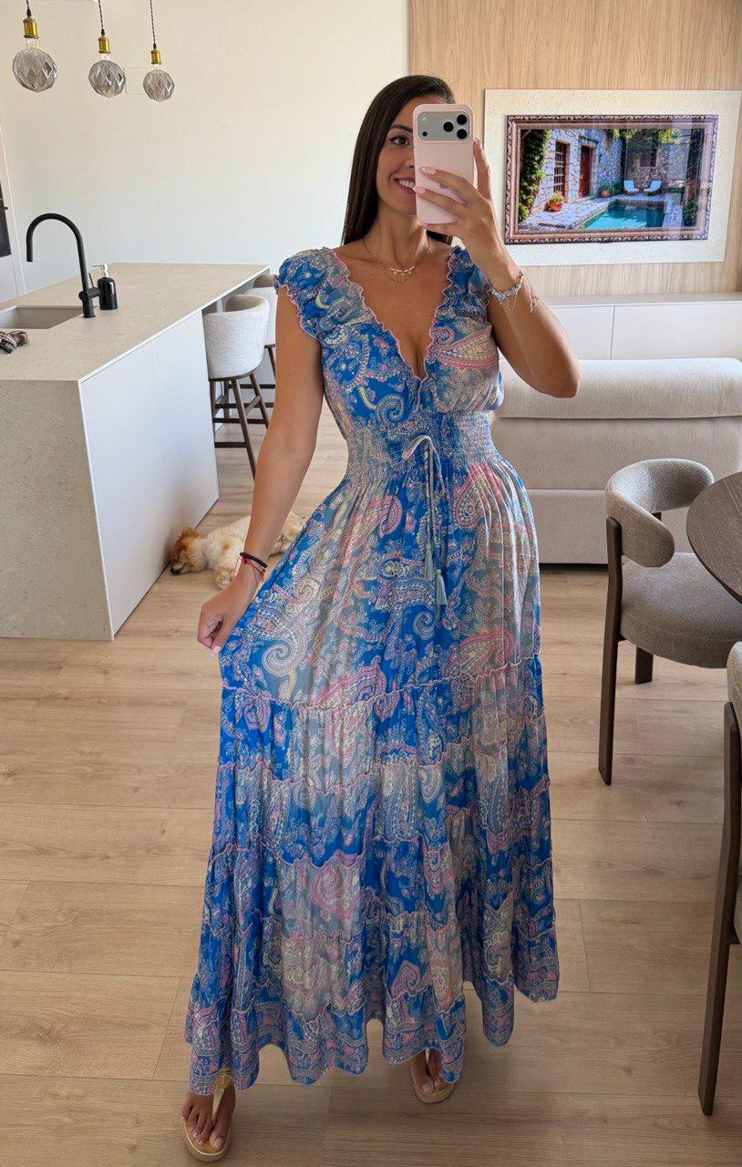Blue Paisley Maxi Dress, Boho Summer Dress, Floral Print Dress, V Neck Long Dress, Bohemian Beach Dress, Romantic Women's Dress.
