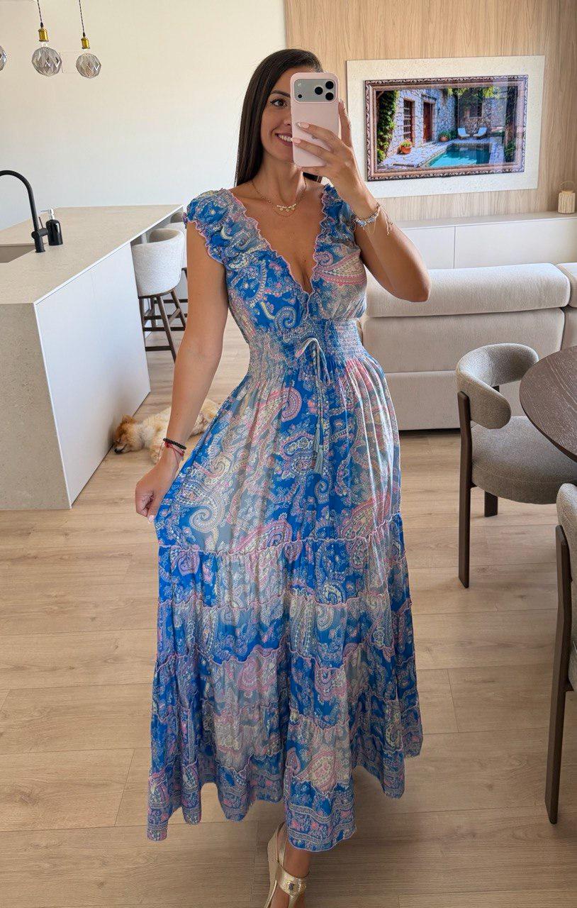 Blue Paisley Maxi Dress, Boho Summer Dress, Floral Print Dress, V Neck Long Dress, Bohemian Beach Dress, Romantic Women's Dress.