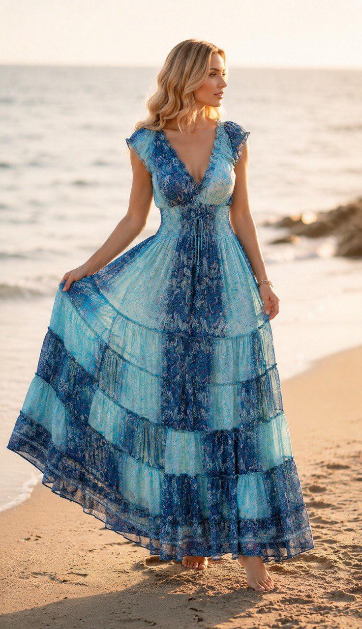 Blue Paisley Maxi Dress, Boho Summer Dress, Long Beach Dress, Bohemian Dress, Flowy Vacation Dress, Festival Dress, Women Dress, Boho Dress.