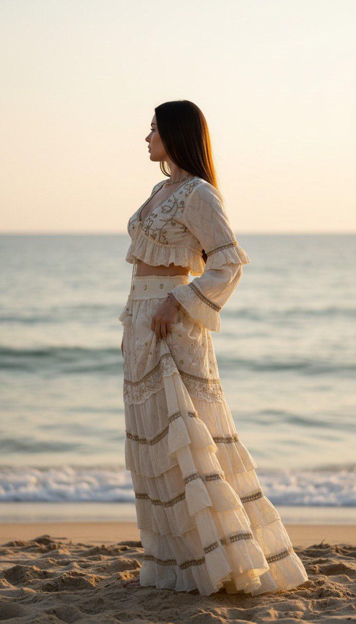 Boho Two Piece Set, Bohemian Crop Top and Maxi Skirt Set, Embroidered Summer Co-ord Set, Beach Vacation Outfit, Festival Matching Set
