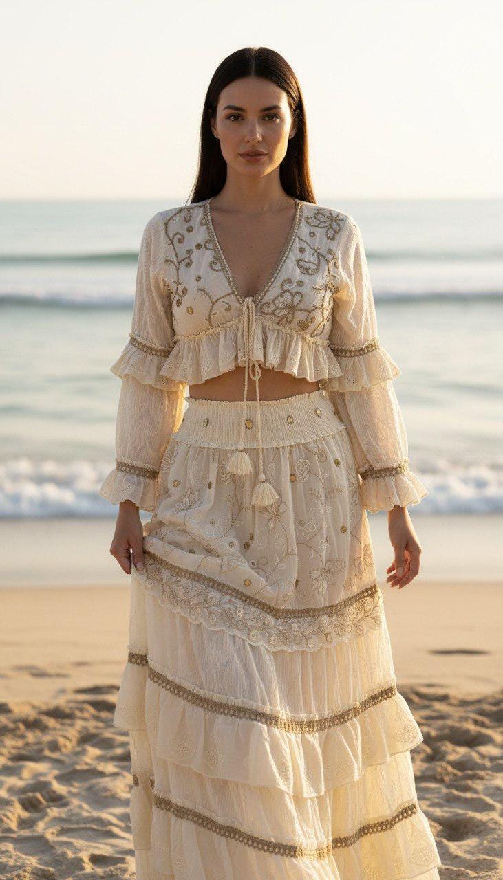 Boho Two Piece Set, Bohemian Crop Top and Maxi Skirt Set, Embroidered Summer Co-ord Set, Beach Vacation Outfit, Festival Matching Set