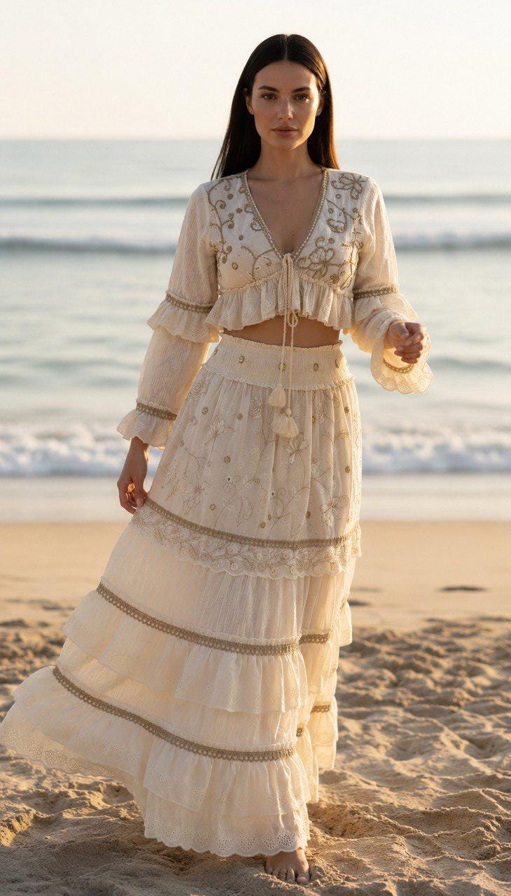 Boho Two Piece Set, Bohemian Crop Top and Maxi Skirt Set, Embroidered Summer Co-ord Set, Beach Vacation Outfit, Festival Matching Set